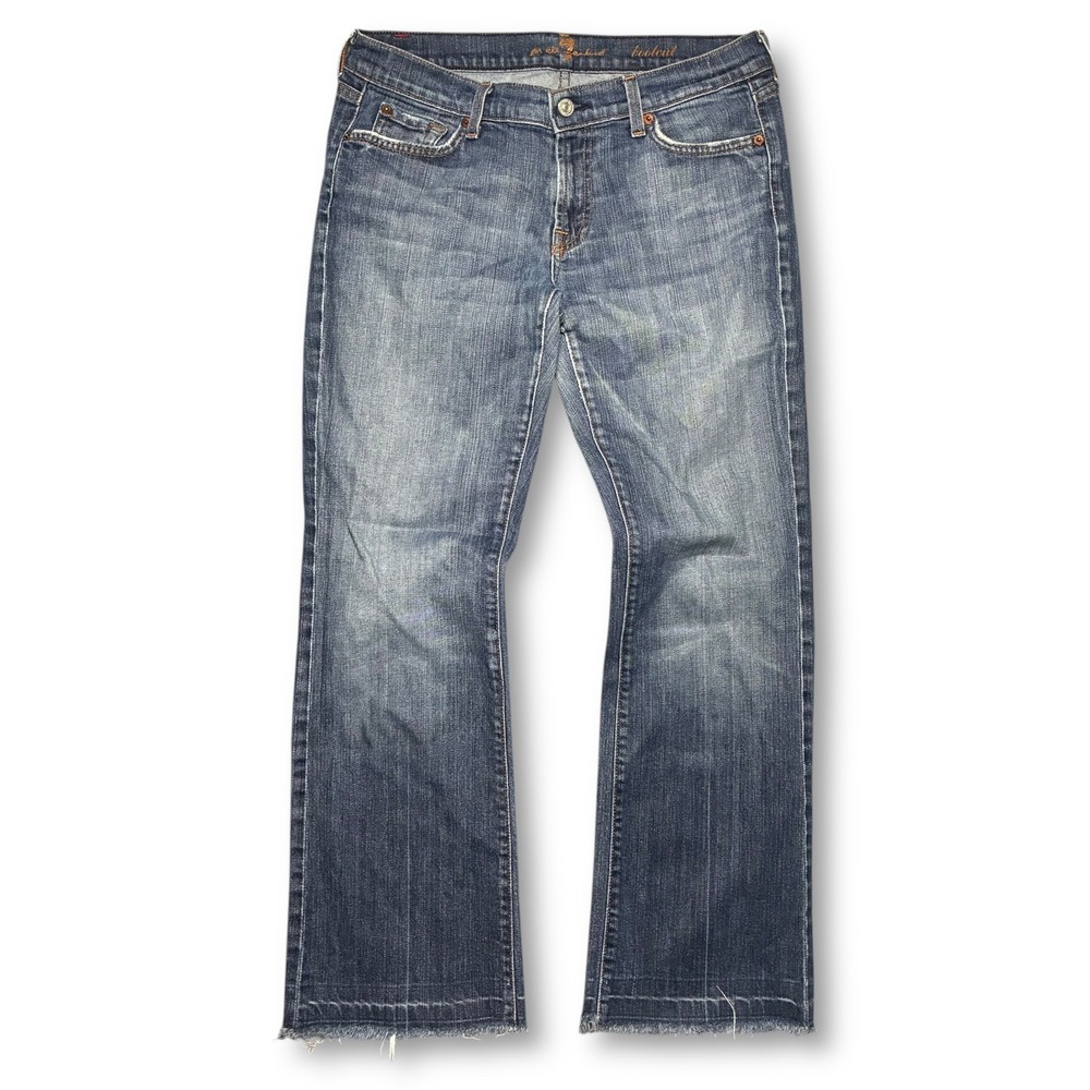 7 For All Mankind Low Rise Bootcut Jeans Dark Wash Distressed Frayed Women's 31